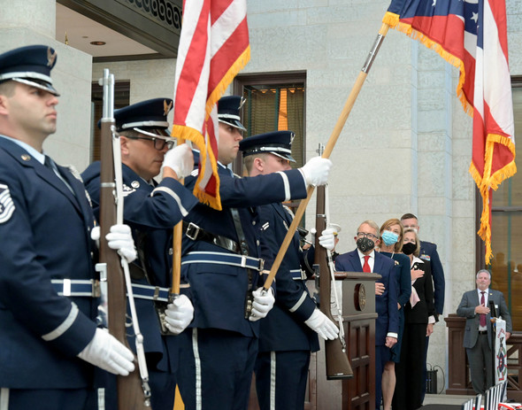 Governor DeWine and Director of Veterans Service Major General Deborah Ashenhurst present service members with the Ohio Medal of Valor.