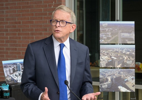 Governor DeWine speaks to members of the press following a tour of The District at Clifton Heights.