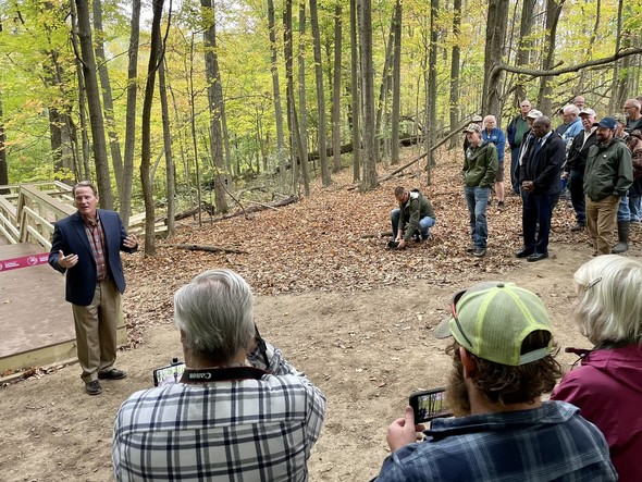 Lt. Governor Husted and ODNR Director Mary Mertz cut the ribbon at the new Sandusky Headwaters Preserve Wetland and Habitat Restoration.