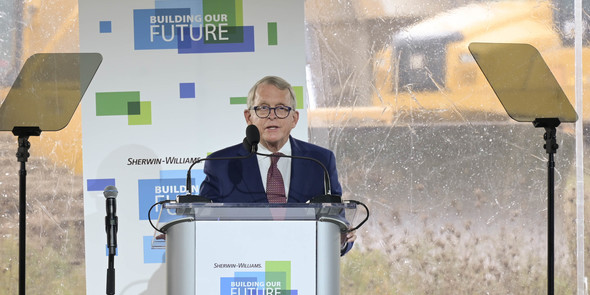 Governor DeWine speaks at the groundbreaking ceremony of Sherwin-Williams new facility.