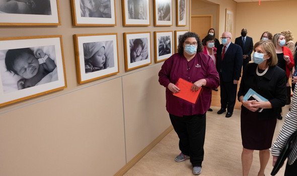 First Lady Fran DeWine walks to the Maternity section of Kettering Medical Center to help share information on enrolling newborns to the OGIL