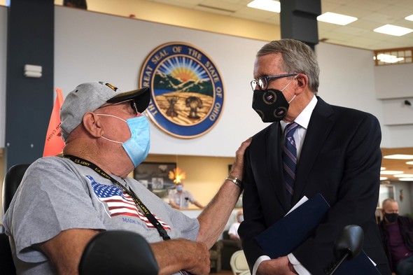 A U.S. Army veteran speaks to Governor DeWine following a visit to the Ohio Veterans Home.