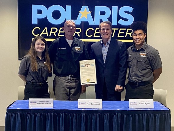 Lt. Governor Husted poses with pre-apprentice students who go to the Polaris Career Center for National Apprenticeship Week while on a tour.