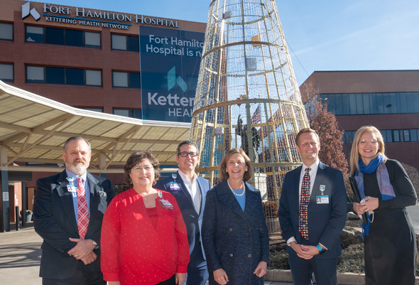 First Lady Fran DeWine stands outside of Tri-Health Kettering after her tour of the birthing center.