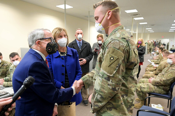 Governor DeWine visits members of the Ohio National Guard at Defense Supply Center Columbus.