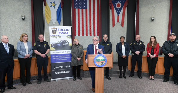 Governor DeWine speaks to members of the media about Euclid Police Department's recent grant award for a body-worn camera program.