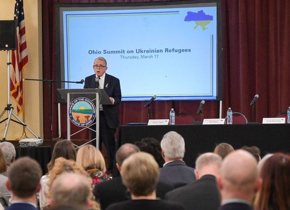 Governor DeWine speaks to 60-plus organizations at the Ohio Summit on Ukrainian Refugees, which was hosted by ODJFS.