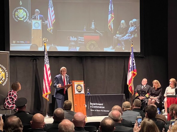 Governor DeWine pictured with a firefighter following the Hall of Fame induction ceremony held at COSI on Wednesday.