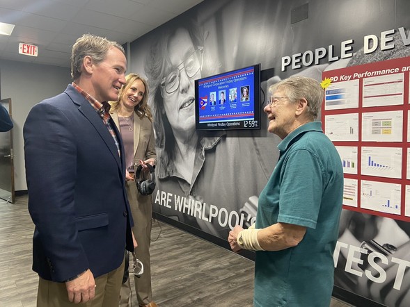 Lt. Governor Husted meets Anna Boerger, who recently celebrated 50 years of service with the company, while on a tour of Whirlpool.