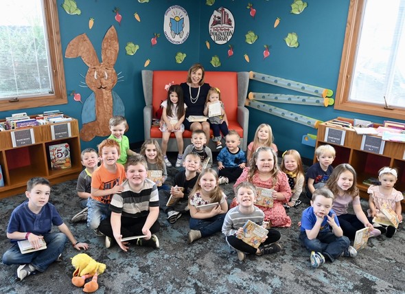 First Lady DeWine pictured with children at the Puskarich Public Library in Harrison County.