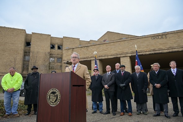 Governor DeWine speaks to the Warren community about plans for environmental remediation and demolition of the former St. Joseph Riverside Hospital.