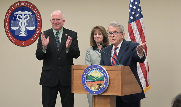 Governor DeWine announces a new Ohio Crime Lab Efficiency Program at the Cuyahoga County Medical Examiner's Office.