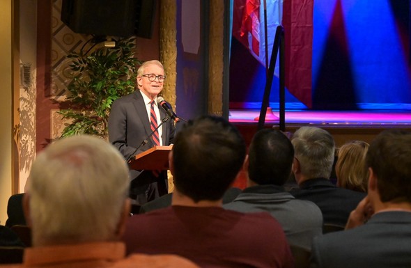 Governor DeWine speaks to local leaders and officials in Marietta.