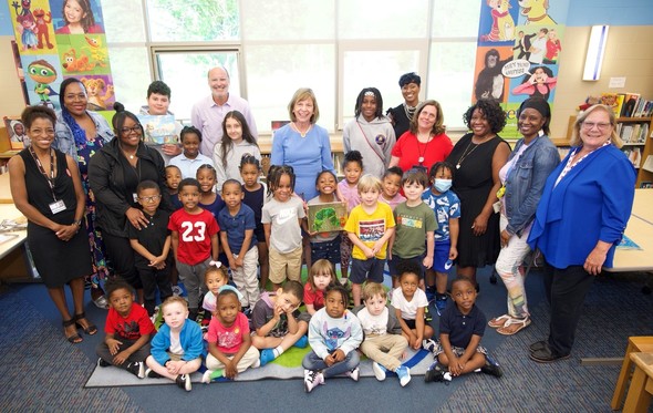 First Lady Fran DeWine pictured with the preschool class at John P. Parker Elementary School in Cincinnati. 