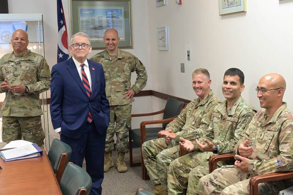 Governor DeWine and General John Harris Jr. visit with servicemembers at the 179th Airlift Wing in Mansfield.