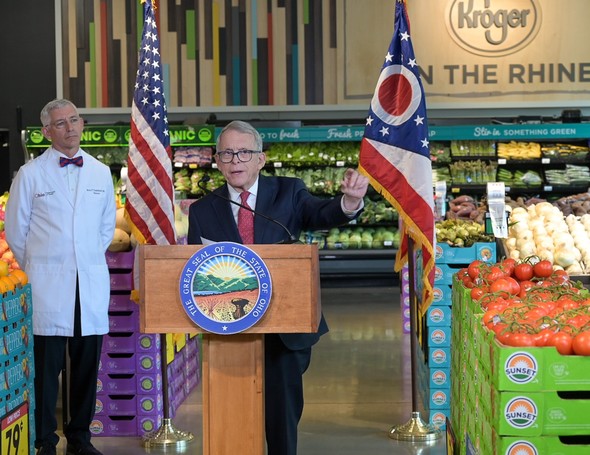 Governor DeWine speaks at a press conference held at Kroger-On-the-Rhine in Cincinnati.