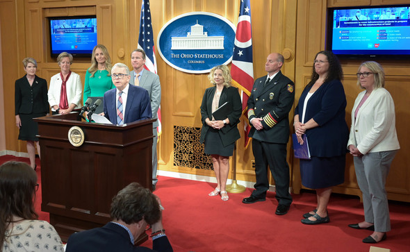 Governor DeWine speaks to members of the press after signing the capital budget bill on Tuesday.
