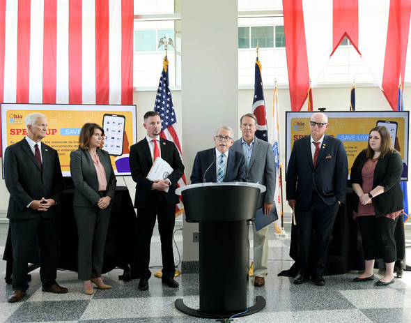 Governor DeWine speaks at a press conference following the signing of House Bill 99 at the Ohio Department of Public Safety.