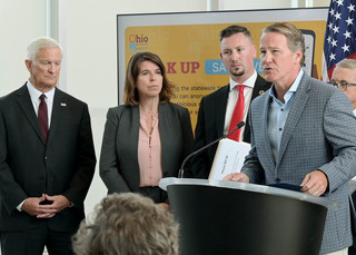 Lt. Governor Husted speaks to members of the media during a press conference at the Ohio Department of Public Safety.