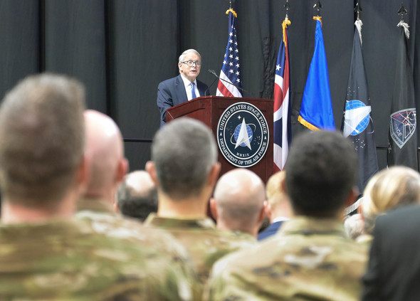 Governor DeWine delivers remarks at the Wright-Patterson Air Force Base in Dayton.