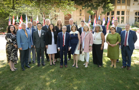 Governor DeWine stands outside of the Governor's Residence after a reception with Consuls General and Honorary Consuls General.