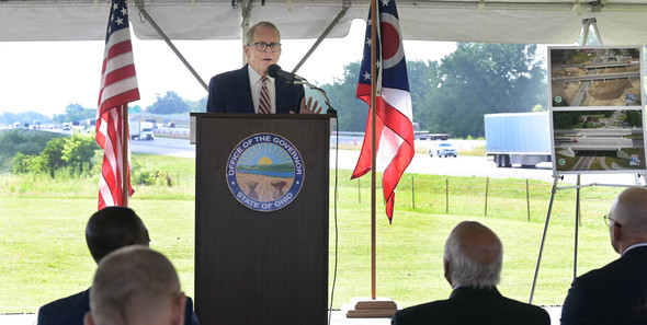 Governor DeWine speaks to the crowd gathered in celebration of the I-70 new lane addition and ribbon-cutting.