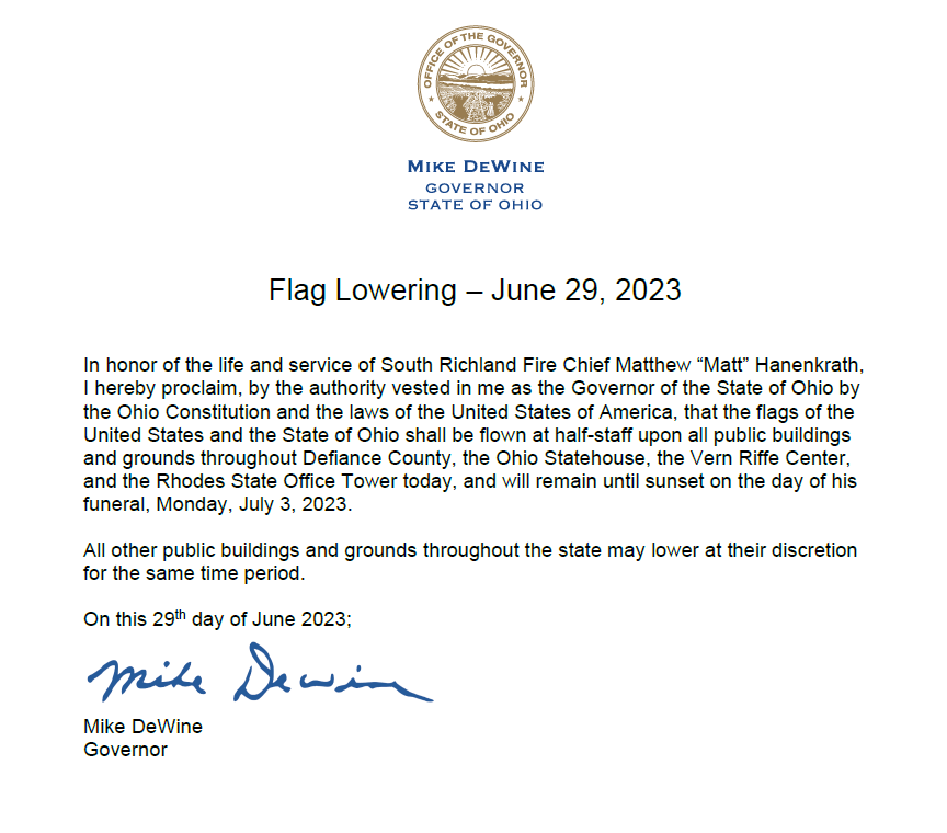 DeWine orders Flags to be lowered