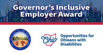 An illustrated city skyline is pictured along with The Great Seal of the State of Ohio and the OOD logo. "Governor's Inclusive Employer Award." 