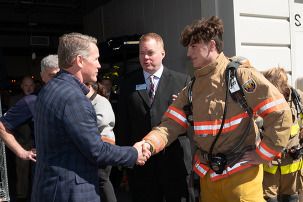 Lt Governor Husted shakes hand of a firefighter in-training at Median Career Center. 