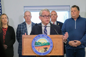 Governor DeWine speaks to the press in Indian Lake