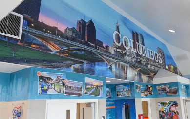 Re-imagined rest areas in Licking Co. featuring a large graphic of downtown Columbus. 
