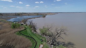 An aerial view of the progress of H2Ohio's nature-based barrier wetland project in Sandusky Bay.