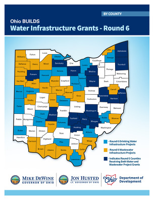 Ohio map with counties receiving grants hilighted