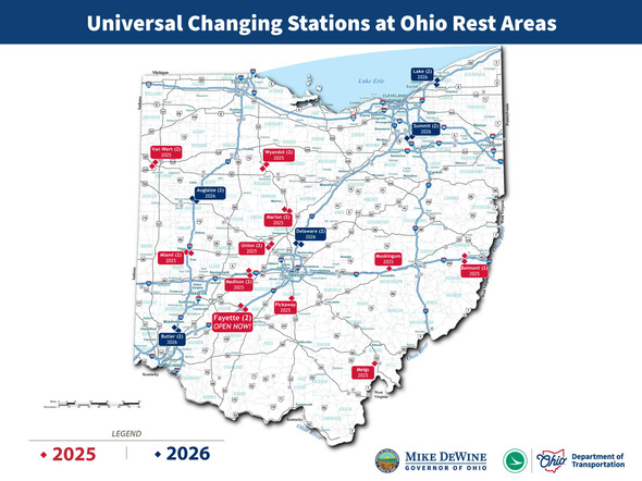 There are 29 rest areas across Ohio set to receive universal changing stations by the end of 2026.