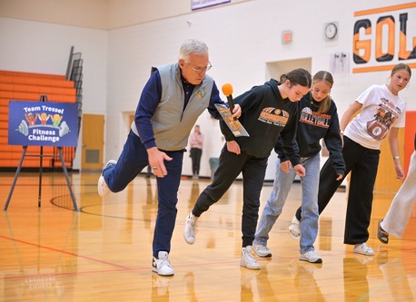 Lt. Governor Tressel working with students on a Team Tressel Fitness Challenge activity.