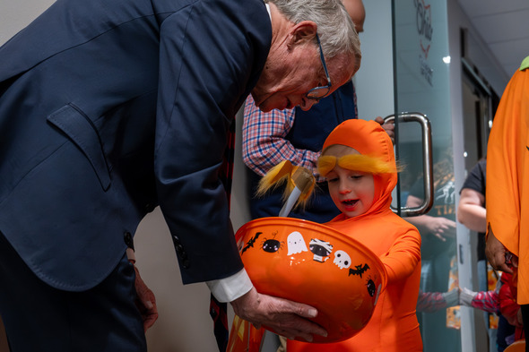 Governor DeWine handing out candy.