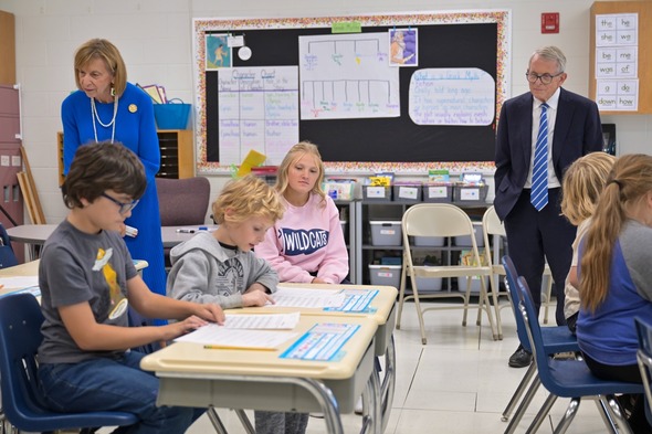 The Governor and First Lady DeWine visiting a classroom to get a look at literacy instruction in action.