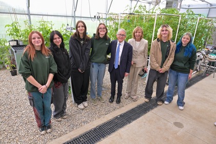 Governor and First Lady Fran DeWine posing with students from the Greene County Career Center.