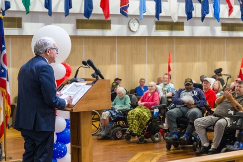 Governor DeWine delivering the welcoming remarks at the Veterans Day event at the Ohio Veterans Home in Sandusky.