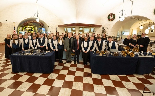 Governor DeWine and Lt. Governor Tressel with Warren High School's Bell Choir students.