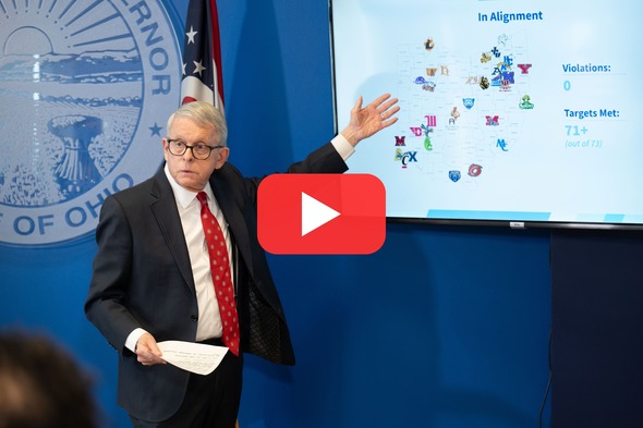 Governor DeWine demonstrates schools rated as "In Alignment" on map during press conference.