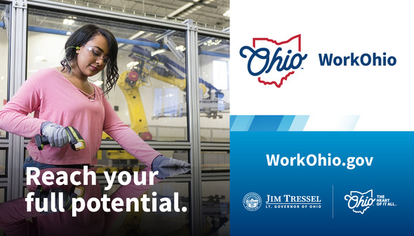 WorkOhio graphic featuring young woman working in manufacturing
