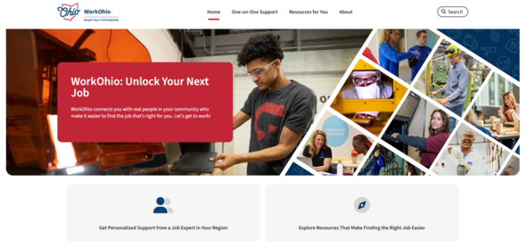 Screenshot of WorkOhio webpage, featuring images of several real Ohioans in the workplace
