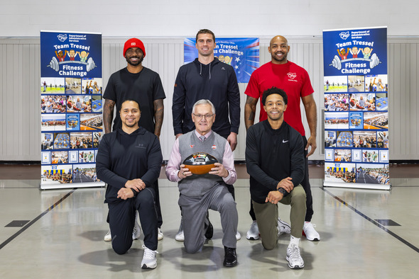 Back: Braxton Miller, Sam Hubbard, Roy Hall Jr.. Front: Donnie Evege, Lt. Governor Jim Tressel, DeVier Posey