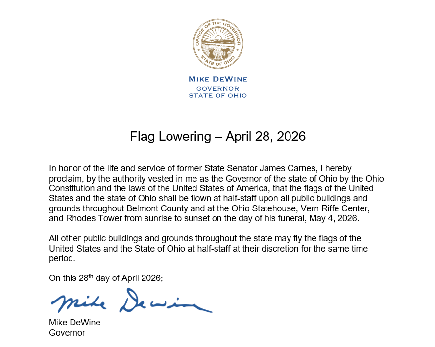  Governor DeWine Orders Flags Lowered in Honor of Former State Senator James Carnes