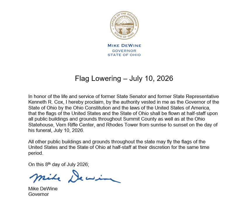 Flag Lowering Order of Former State Senator and Former State Representative Kenneth R. Cox