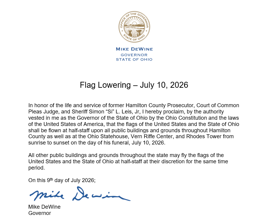 Governor DeWine Orders Flags Lowered in Honor of Former Hamilton County Prosecutor, Court of Common Pleas Judge, and Sheriff Simon “Si” L. Leis, Jr