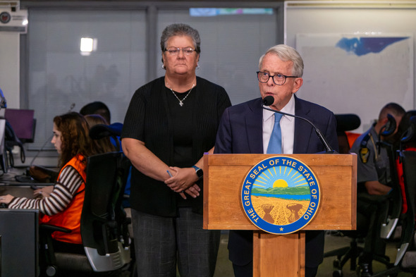 Governor DeWine speaking at the Ohio Emergency Operations Center about severe overnight weather. 