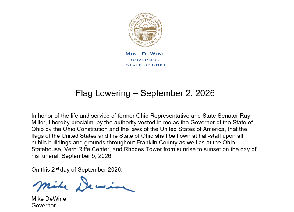 Governor DeWine Orders Flags Lowered in Honor of Former Ohio Representative and State Senator Ray Miller