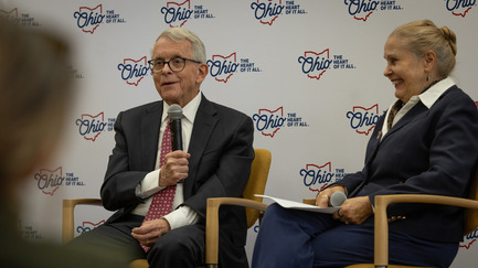 Governor DeWine talking to retired Ohio Supreme Court Justice Evelyn Lundberg Stratton during a "fireside chat". 